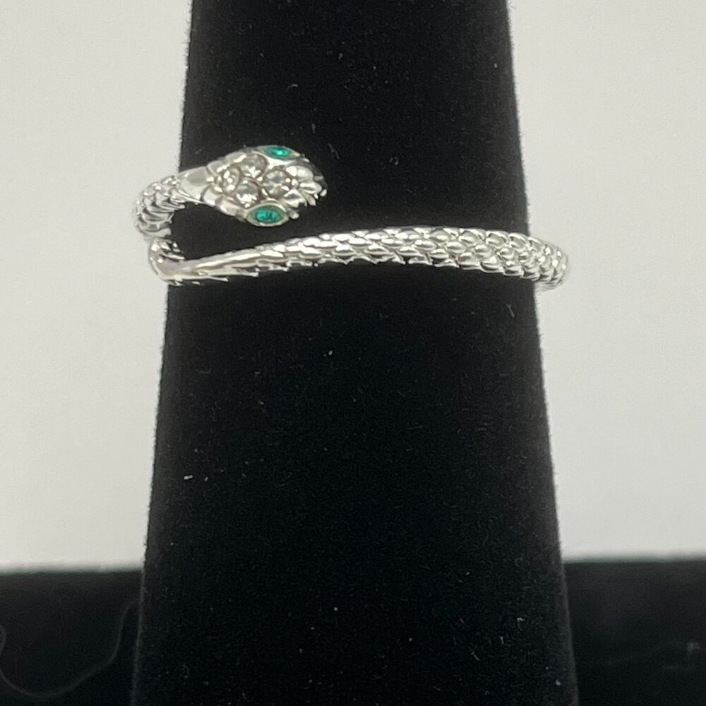 Adjustable Silver Tone Snake Ring With Green Eyes - image 1